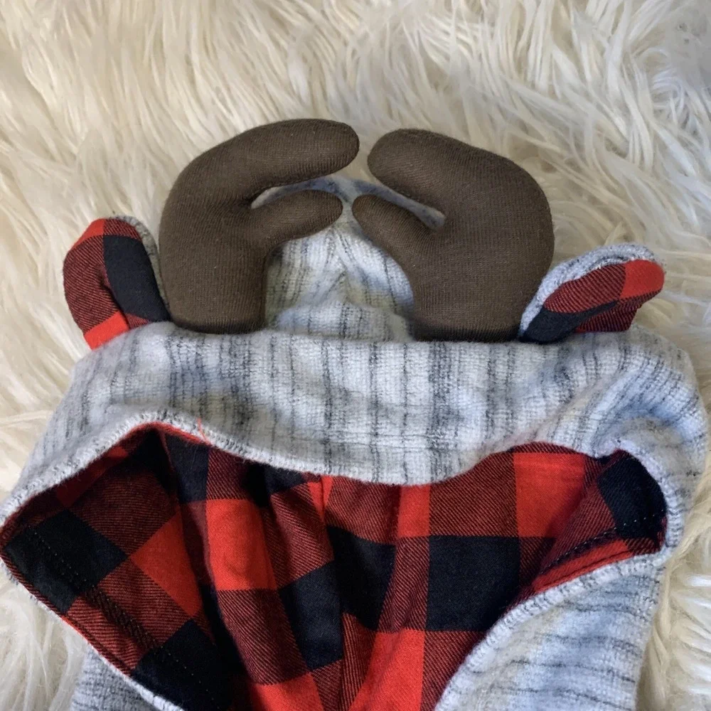 Cat & Jack Reindeer Hooded Romper Baby 0-3M Gray New Buffalo Plaid Antlers